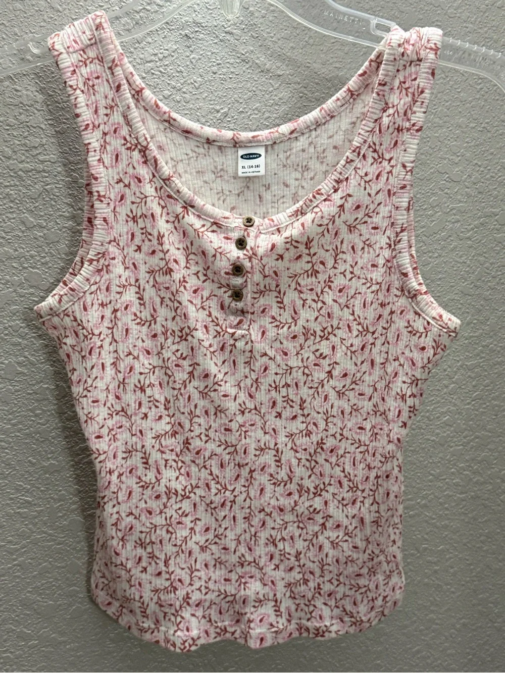 Old Navy Pink Floral Ribbed Henley Tank